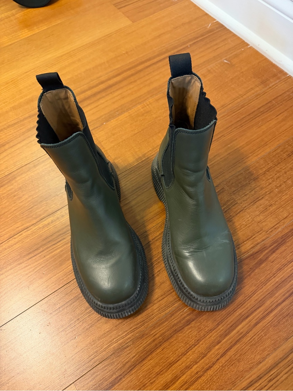 Ganni Dark Green Leather Chelsea Ankle Boots